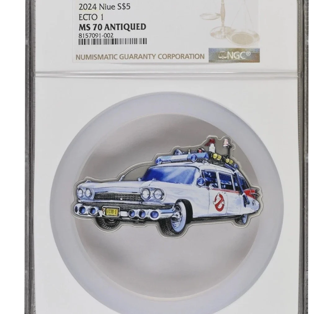 2024 Niue Ghostbusters Ecto-Niue 2 oz NGC MS70 Antiqued Silver Shaped Coin