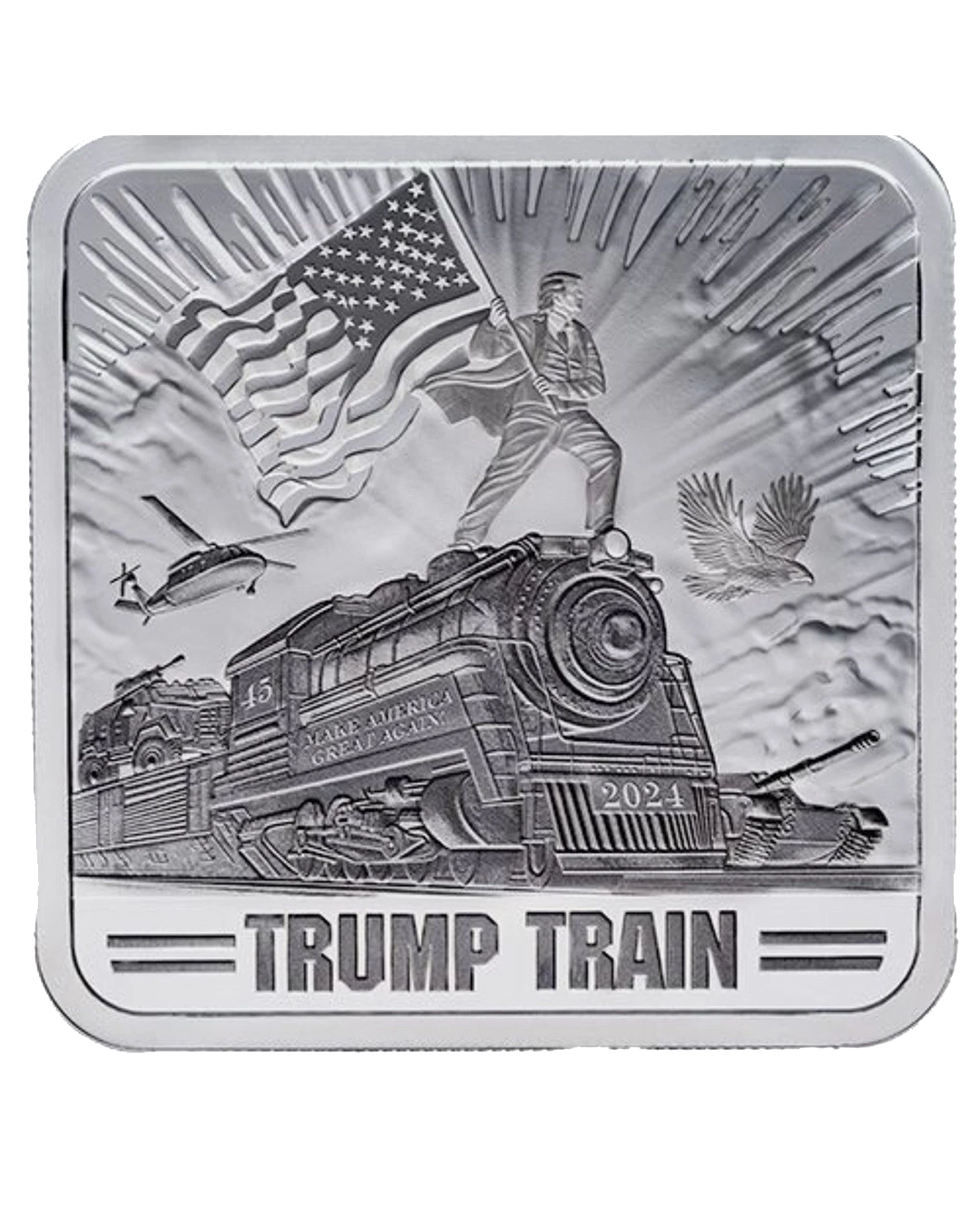 2024 Trump Train Silver Bar BU Coin MAGA 47 – 1 Oz .999 Fine Silver Square